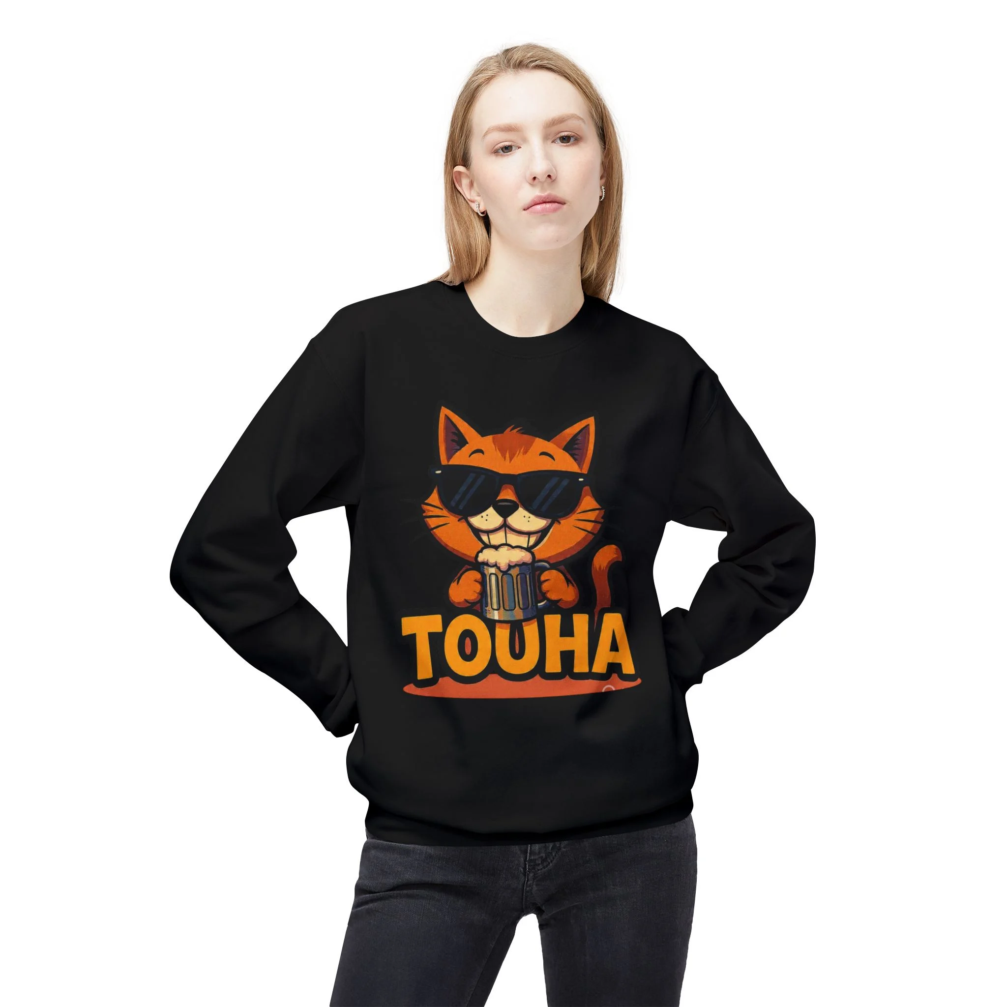 Touha Cat Crewneck Sweatshirt — Cute Sunglasses Cat Graphic - Obrázek 7