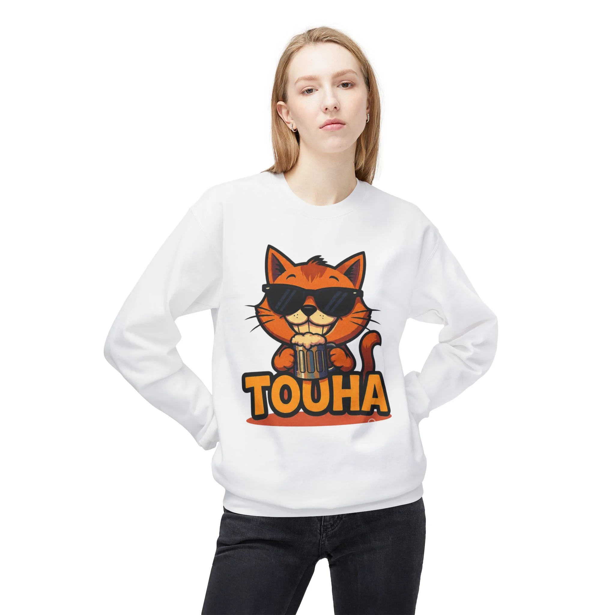Touha Cat Crewneck Sweatshirt — Cute Sunglasses Cat Graphic - Obrázek 3
