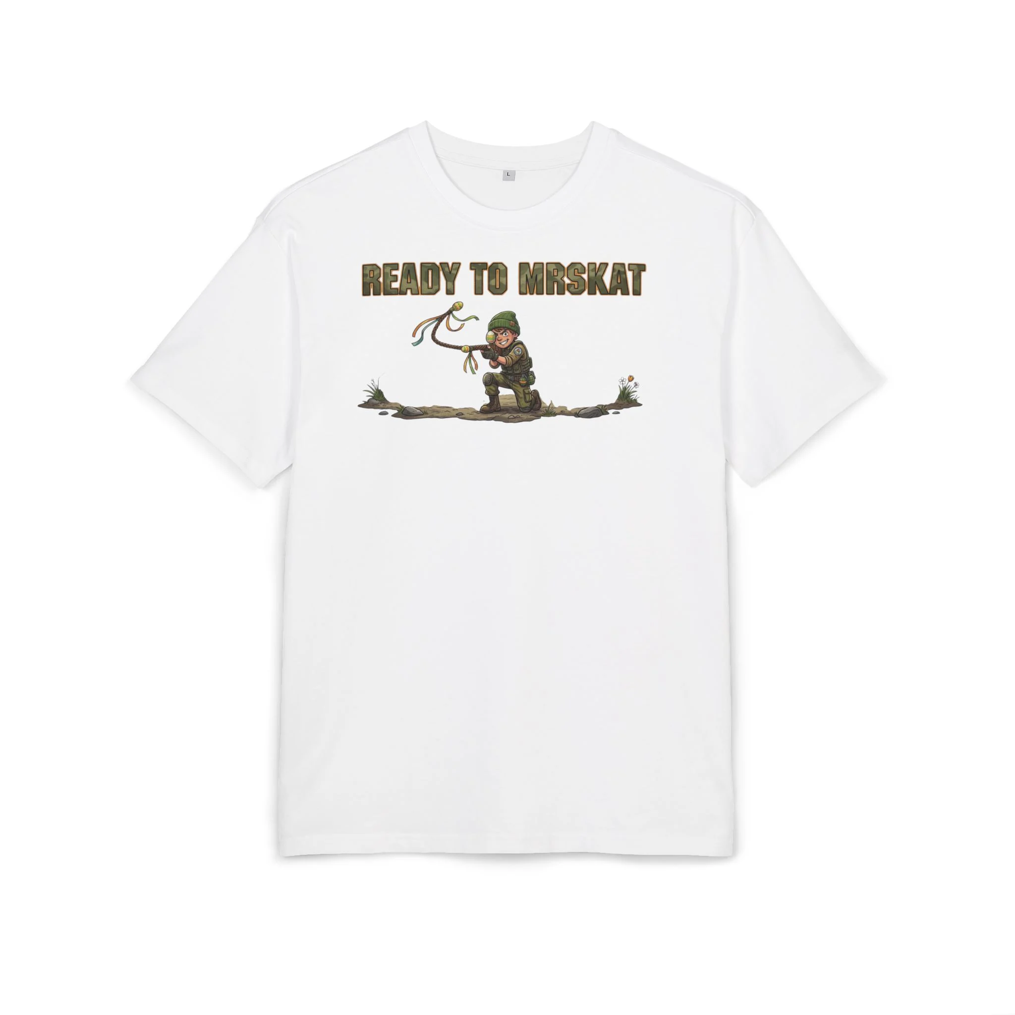 Sebevědomý kluk s pomlázkou připravený na akci, , text „Ready to mrskat“. - vtipný výraz...